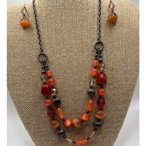 Vintage Dual Chain Necklace- Peach & Orange Beads / with Earrings